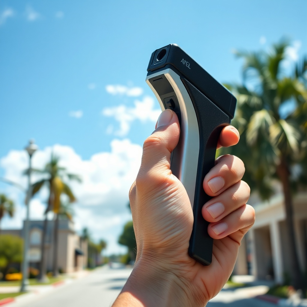 Hand holding a stun gun with Florida urban backdrop highlighting legal self-defense tools under state laws