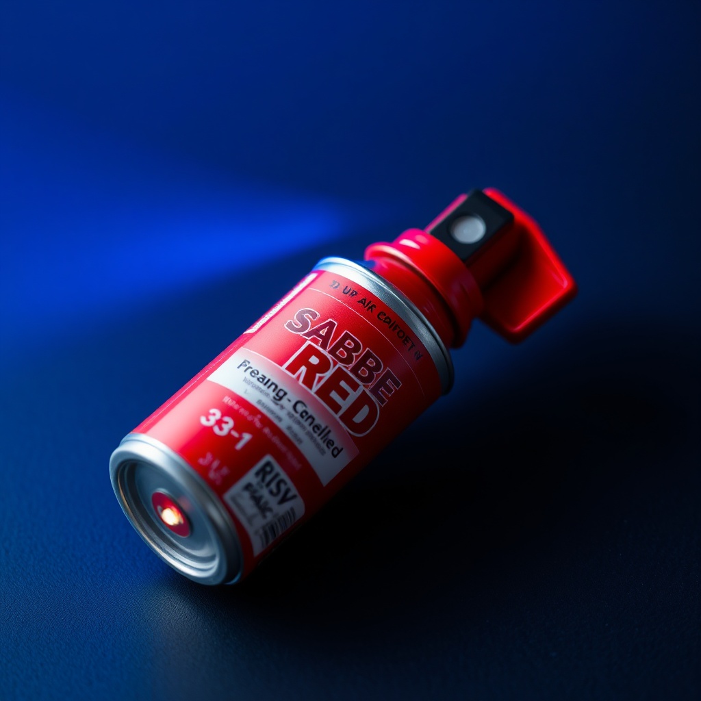 close‑up of best pepper spray for women showing red canister, UV marking and foam tip, highlighting potency and visibility for personal safety