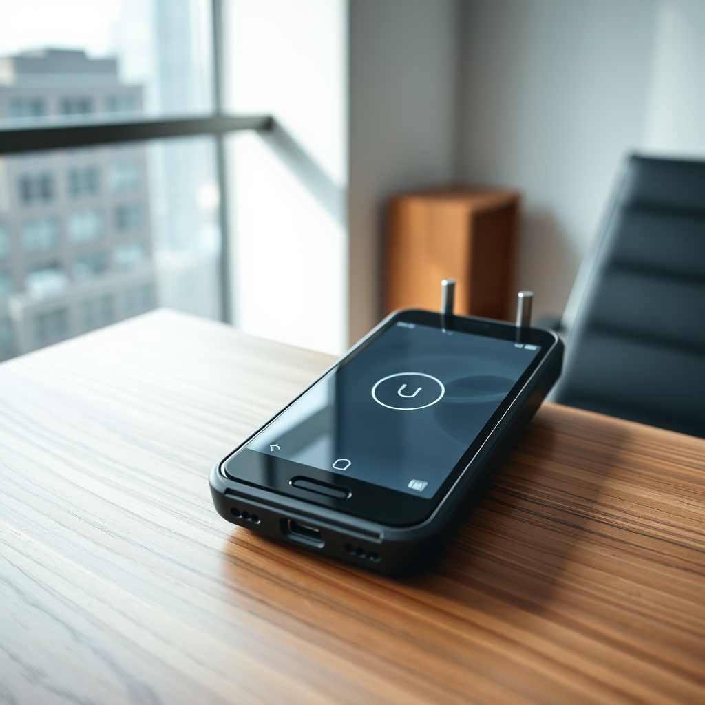 Cell phone stun gun disguised as a smartphone on a desk, showing stun prongs and dummy screen for concealed self-defense