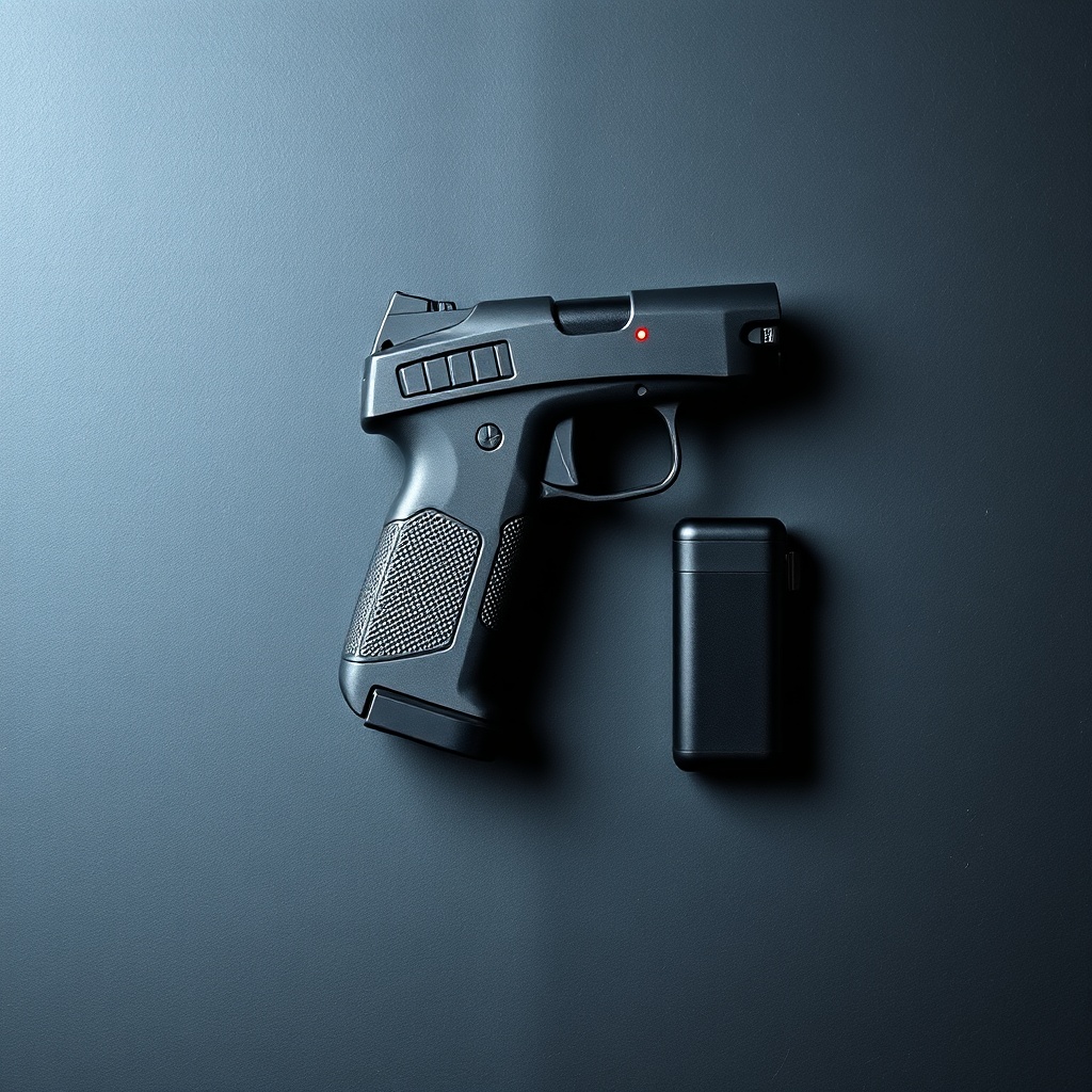 Stun gun accessories layout with charging dock, spare battery, and safety lock for power management and security