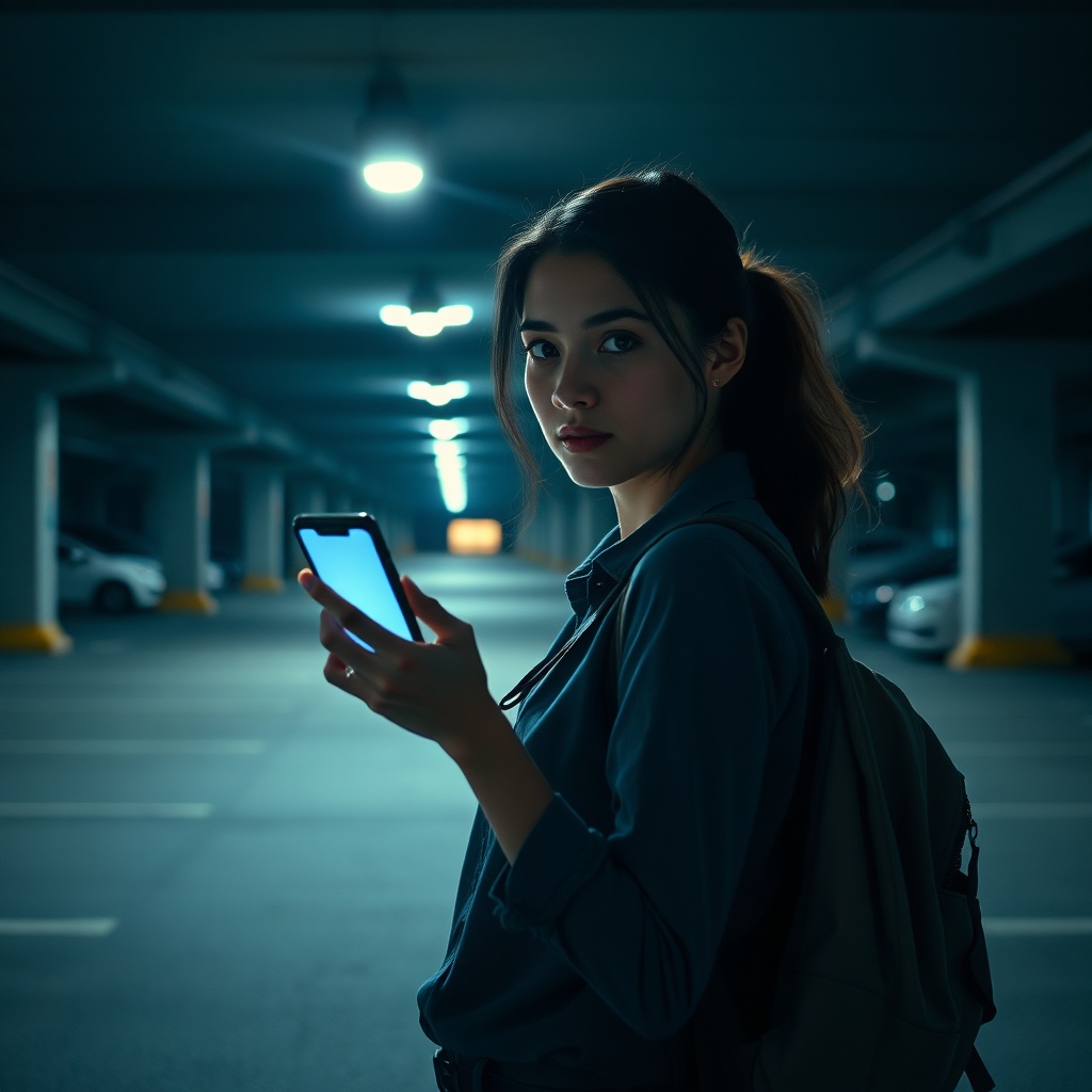 Woman holding a cell phone stun gun for self-defense in a dark parking lot at night, with stun prongs visible
