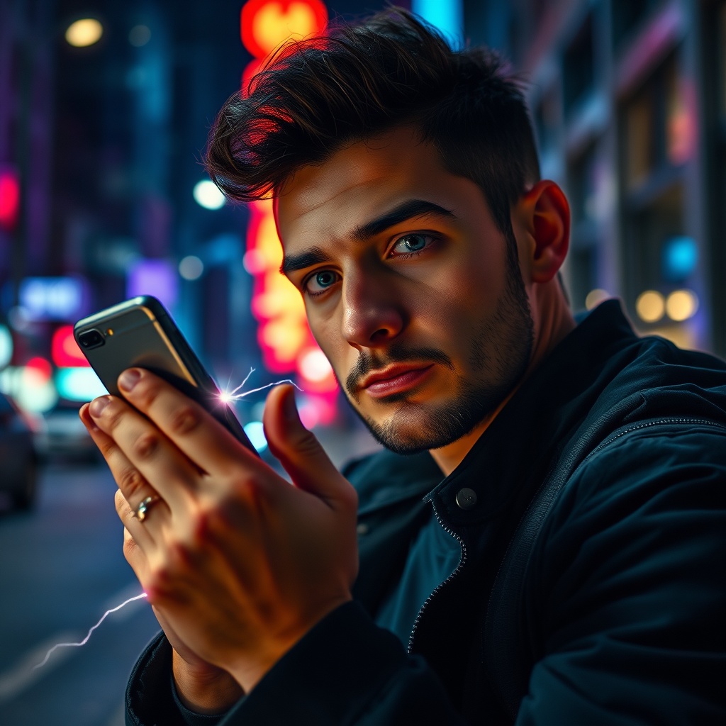 Person demonstrating a cell phone stun gun in an urban setting, showing safety lock and electric spark in a cell phone stun gun review