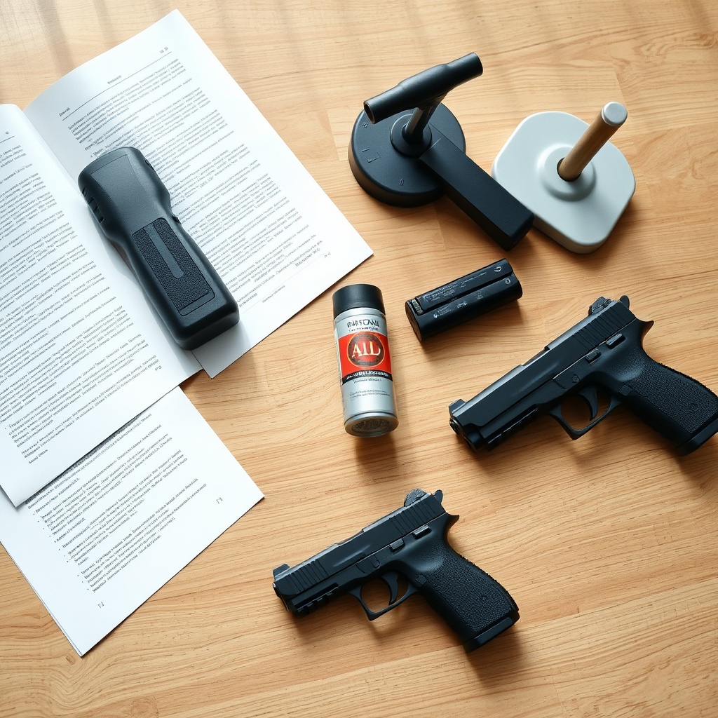 Comparison of stun gun, pepper spray, and firearm on a table with legal documents, highlighting the stun gun pros and cons in self-defense choices