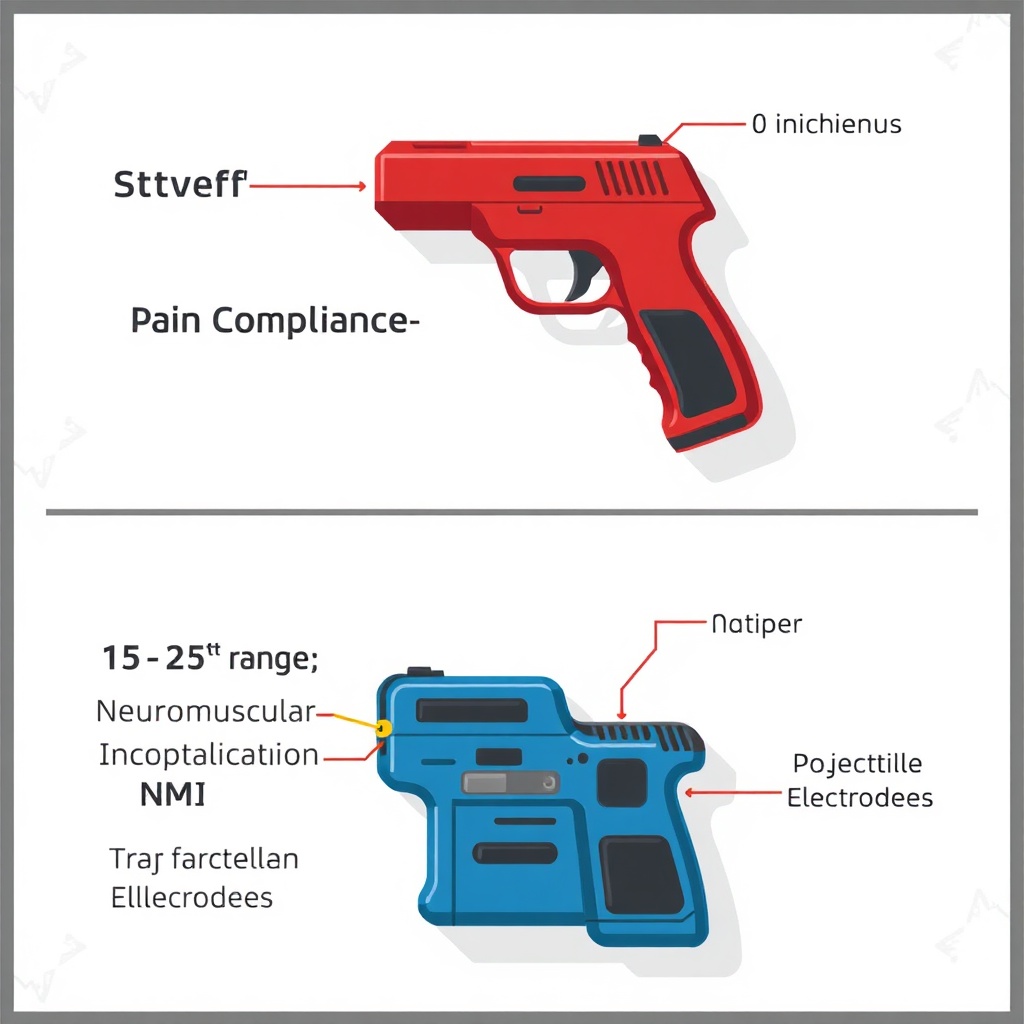 Infographic explaining key differences between stun gun and Taser including range, mechanism, and effect on the body