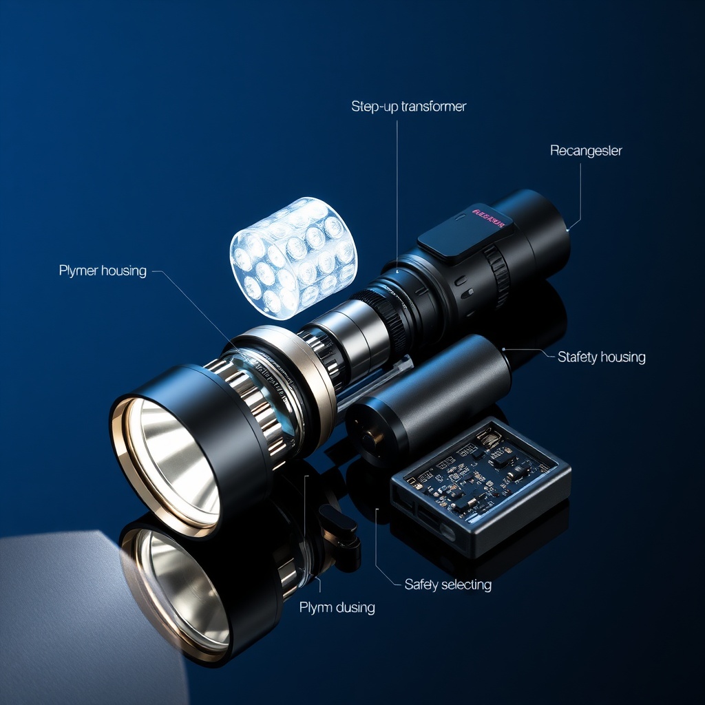 Exploded view of flashlight stun gun combo with LED array, battery pack, and safety switch