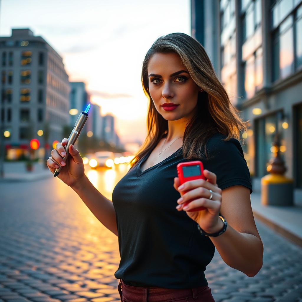 Woman in urban setting holding a tactical pen and a personal alarm, representing non lethal self defense products for empowerment and readiness