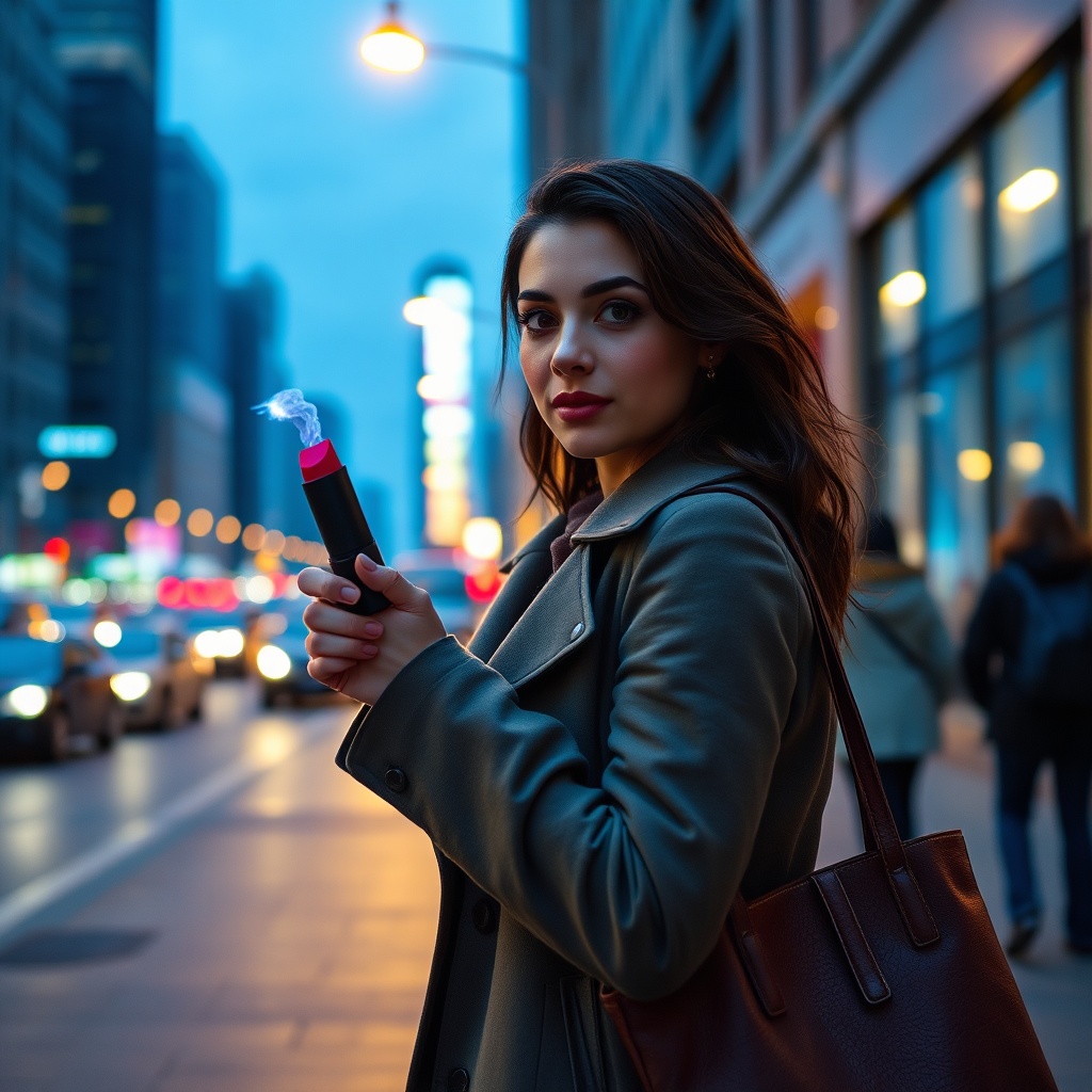 Woman on city street holding a lipstick stun gun, showcasing the discreet self‑defense tool with safety lock activated