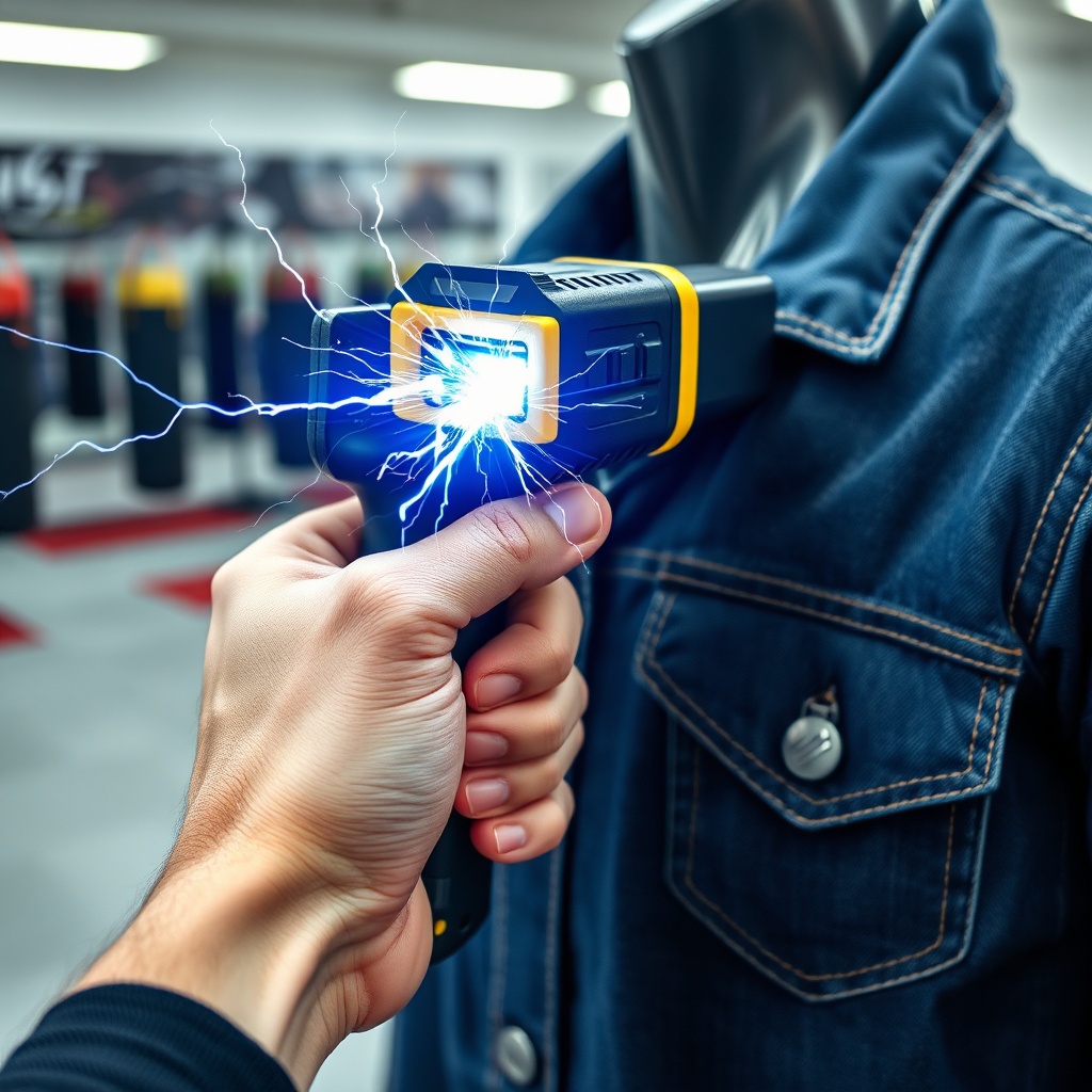 Stun gun making direct contact with thick clothing, demonstrating the close-range limitation in a pepper spray vs stun gun self-defense tool comparison