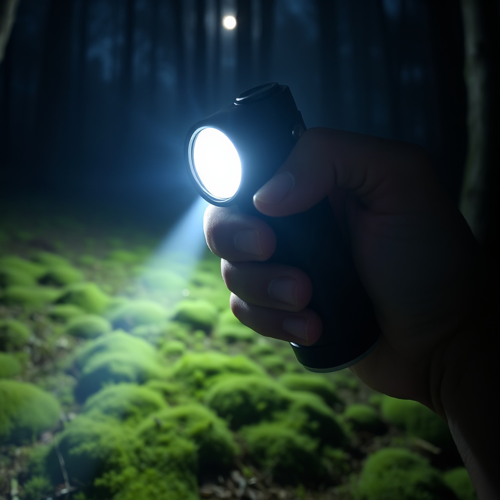 Flashlight stun gun combo held in a dark forest, showing LED light and stun electrode for night‑time self‑defense