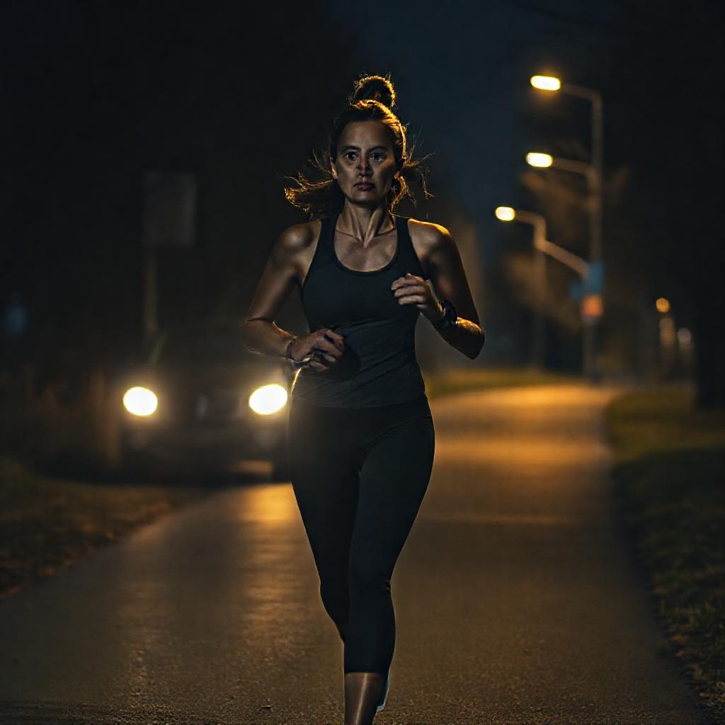 A runner practicing assertive posture and steady forward movement on a dark path, showcasing effective self defense for night runners by maintaining awareness and avoiding engagement during potentially threatening encounters.