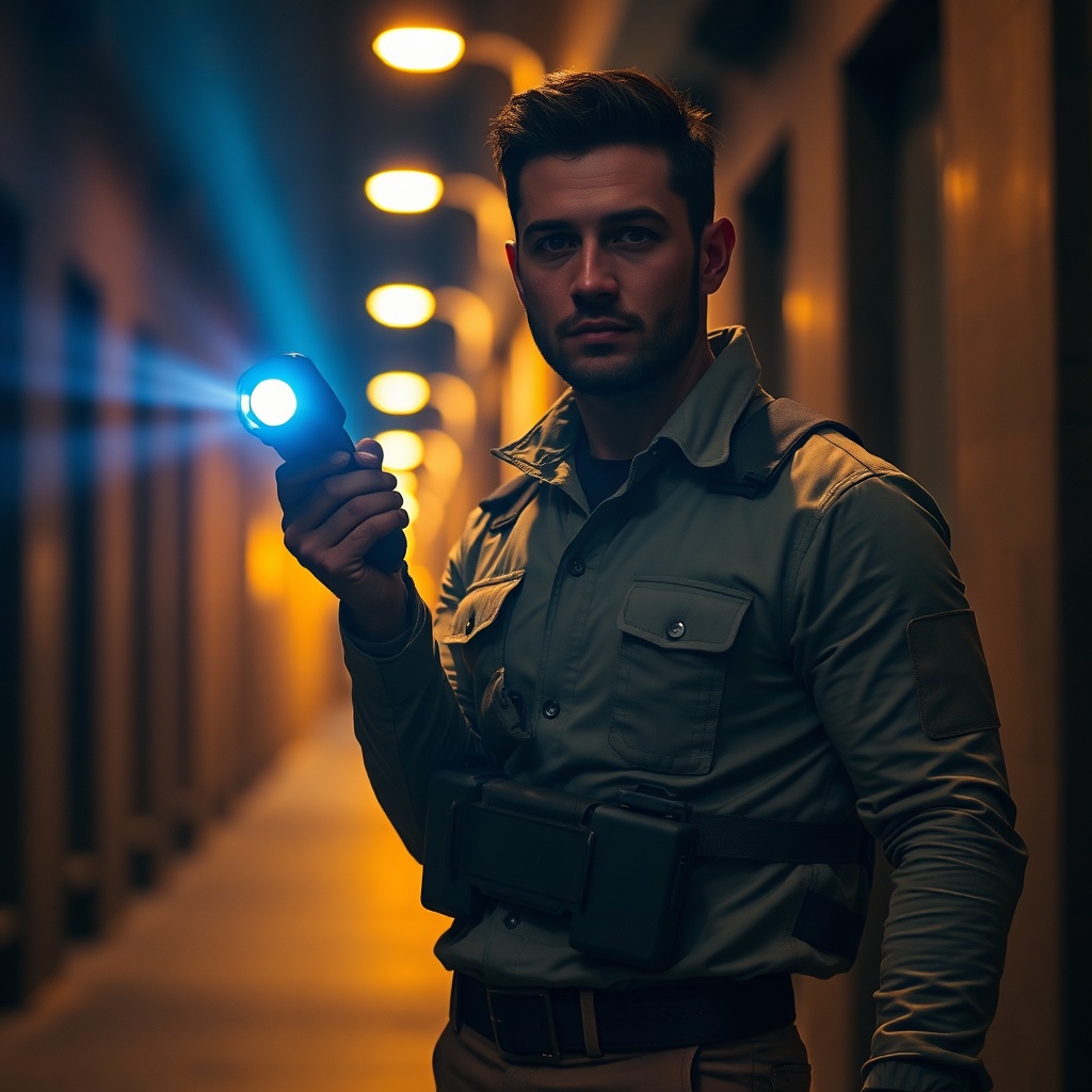 Person holding a flashlight stun gun combo in a low-light setting, demonstrating how the integrated LED flashlight provides visibility and the contact prongs offer close-range self-defense capability.
