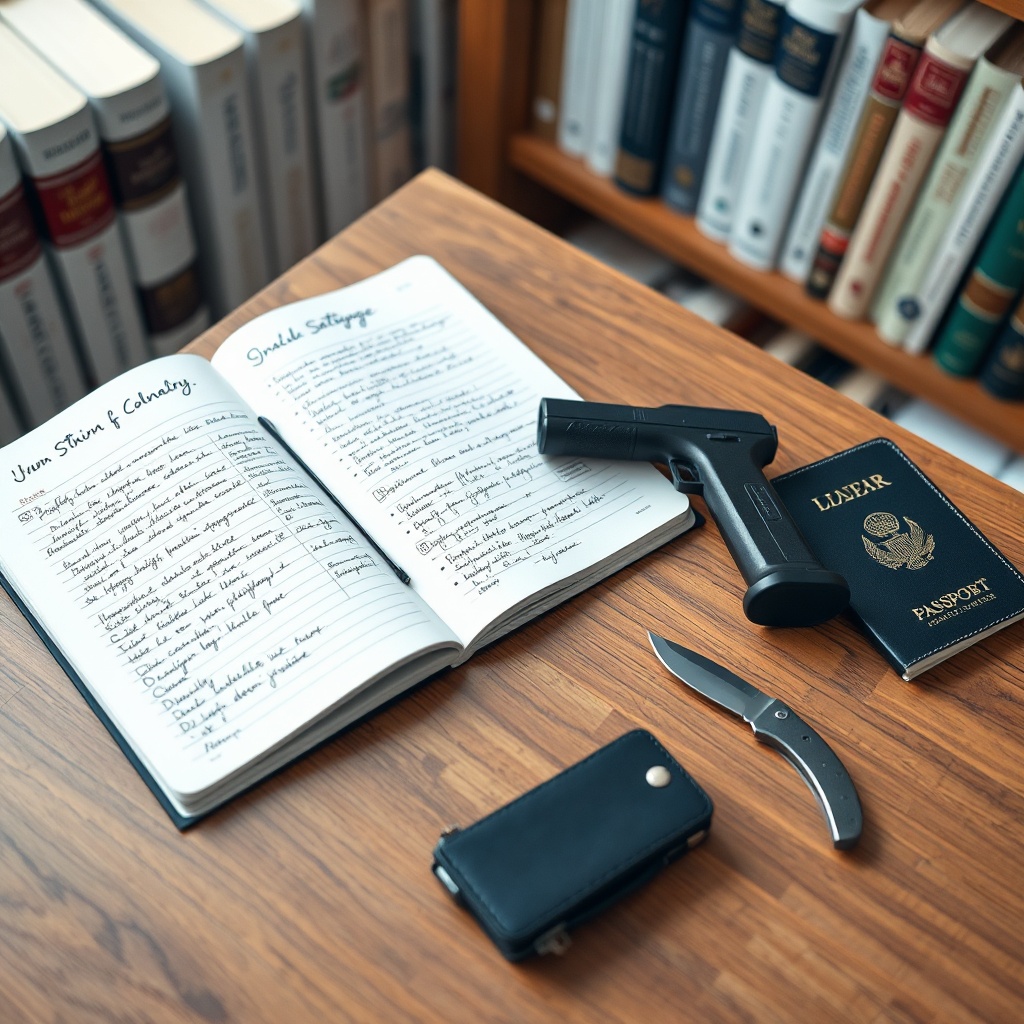 A personal defense device displayed alongside travel documents and a legal research checklist, underscoring the critical need to understand stun gun laws by state before purchasing or crossing jurisdictional lines.