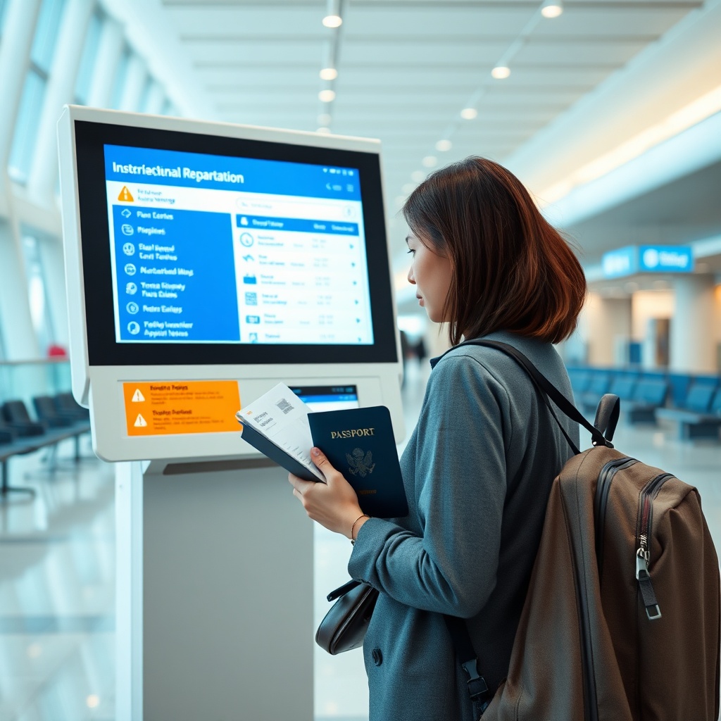 Passenger reviewing a digital display of restricted aviation items at a departure gate, emphasizing the importance of researching TSA rules stun gun policies and international travel regulations before packing.