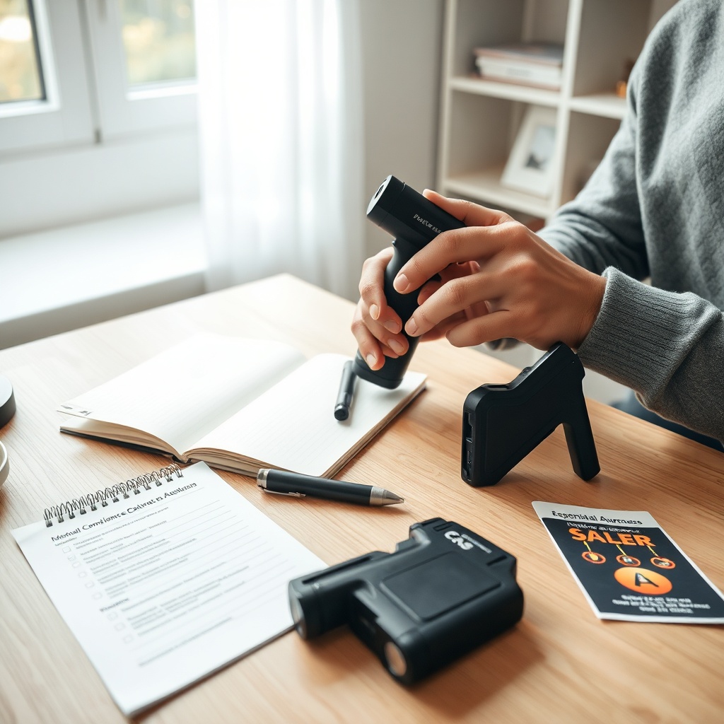 Individual carefully comparing stun gun vs taser options alongside safety guidelines and legal resources to support responsible self-defense planning