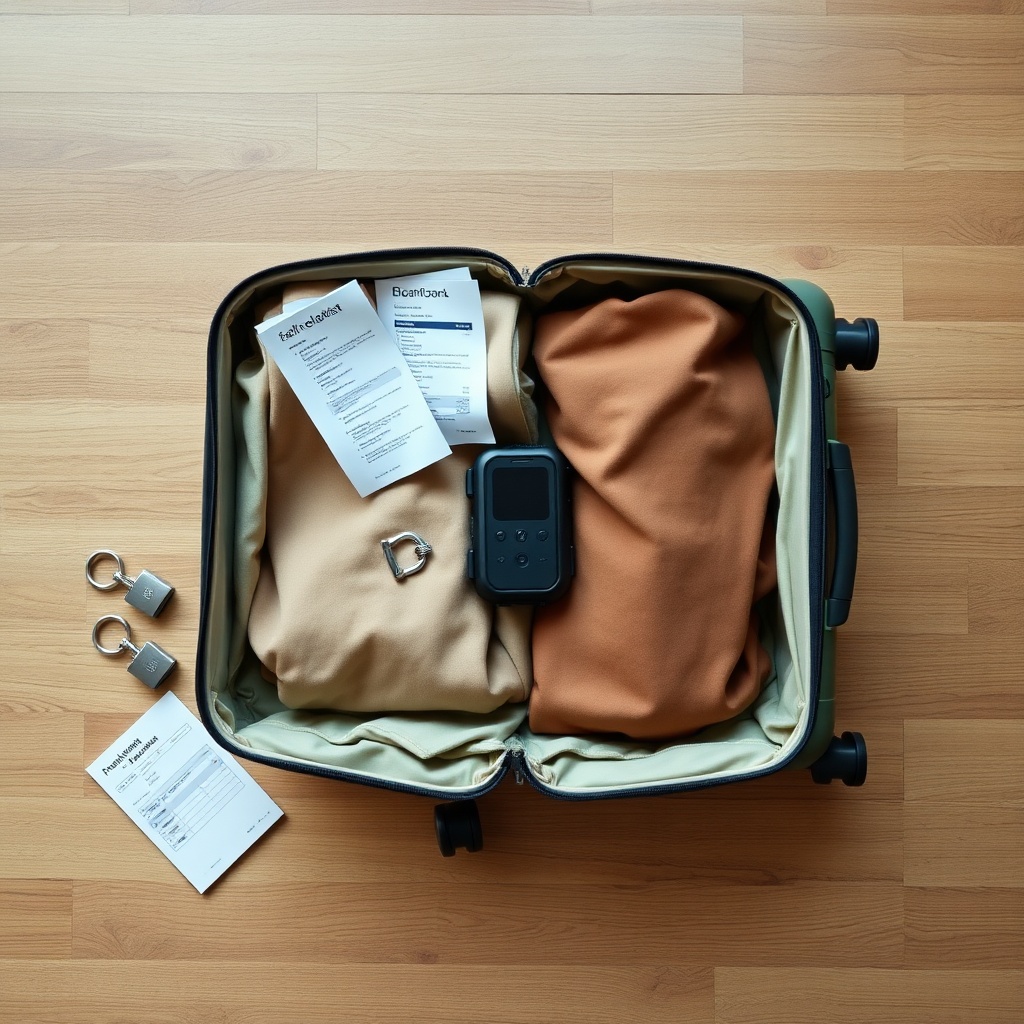 Carefully packed checked luggage demonstrating safe storage methods for traveling with a stun gun on plane while adhering to airline battery and transport rules.