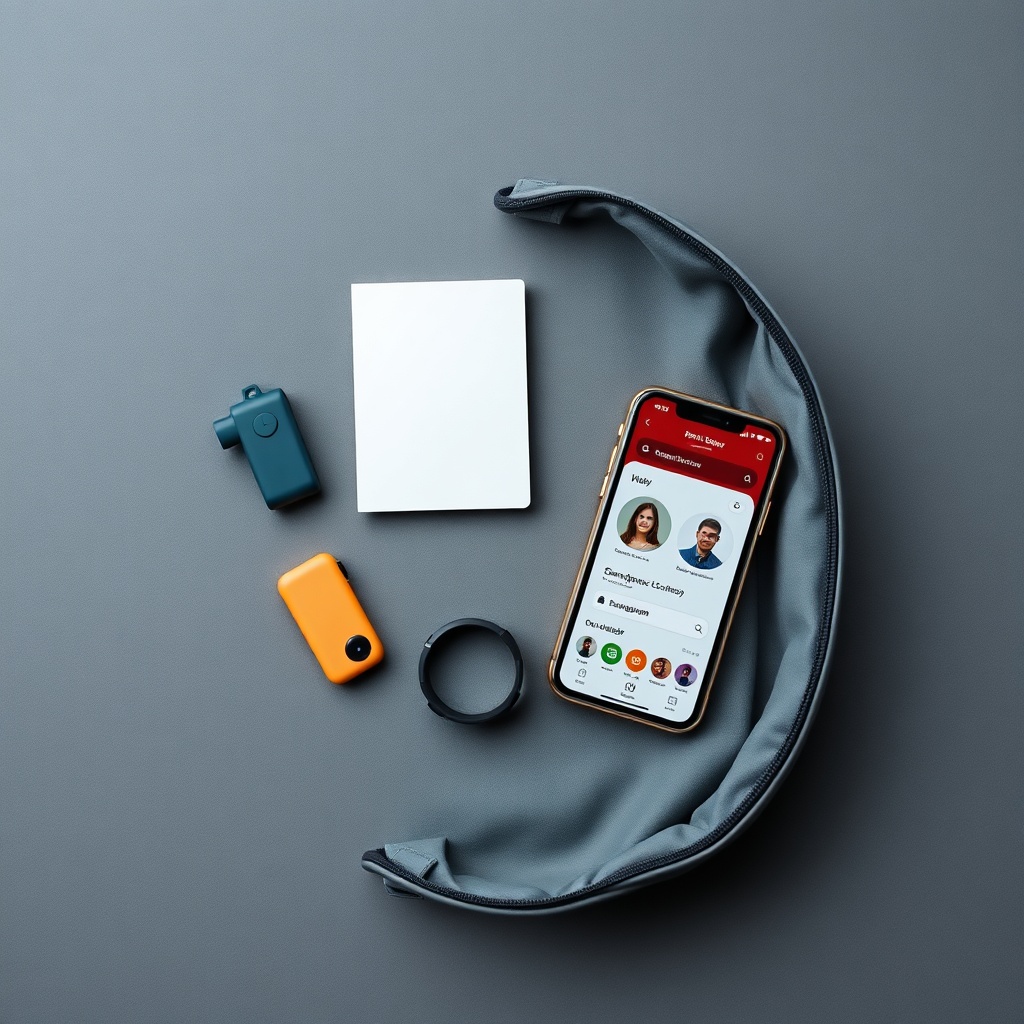 An organized flat lay showcases versatile personal safety devices for college students, including a multi-functional smart alarm, wearable tracking accessory, and smartphone safety interface designed for rapid deployment during unexpected situations.