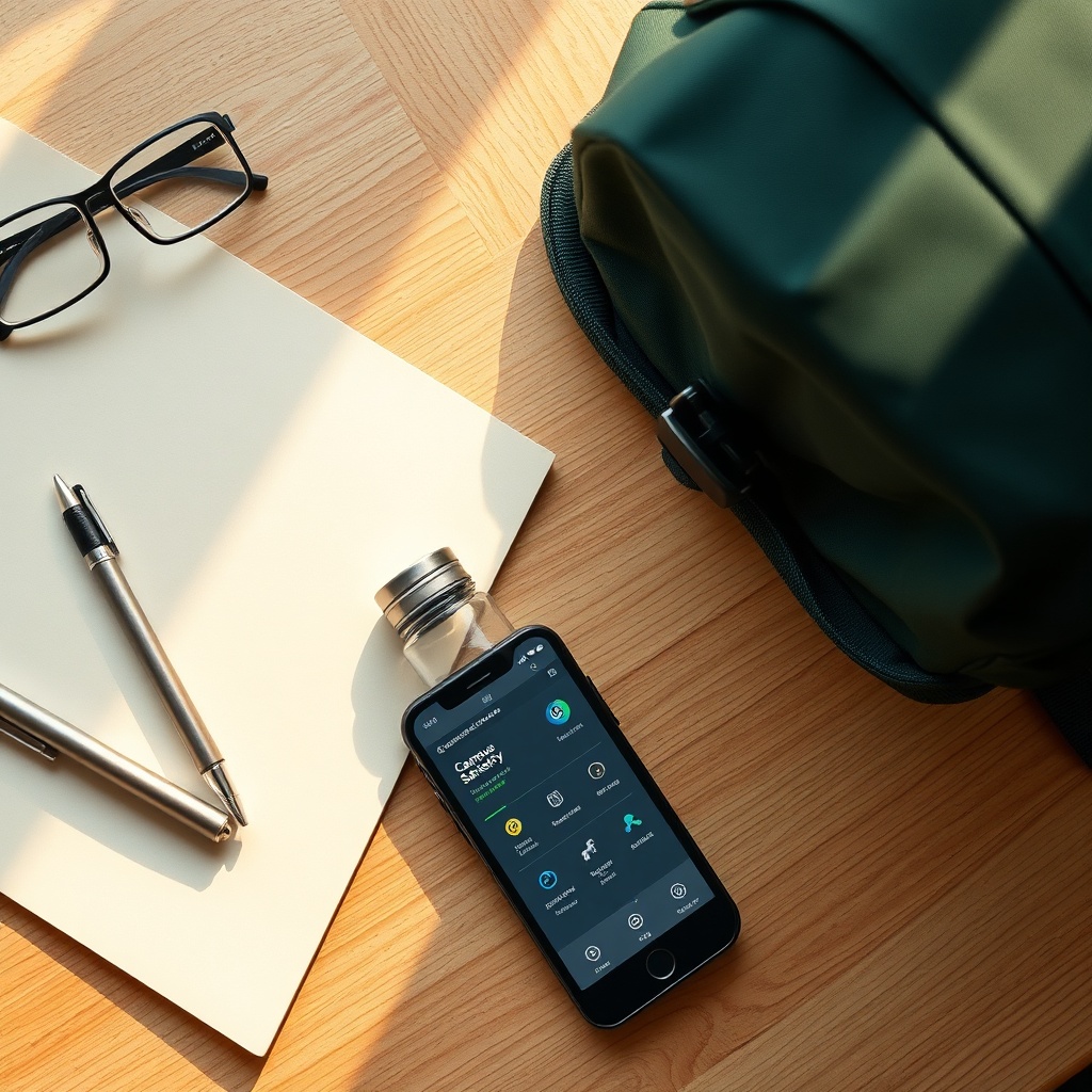 A curated collection of everyday carry items including keys, pen, water bottle, and backpack arranged on a study desk beside a device showing campus safety resources, illustrating practical self-defense for college students.