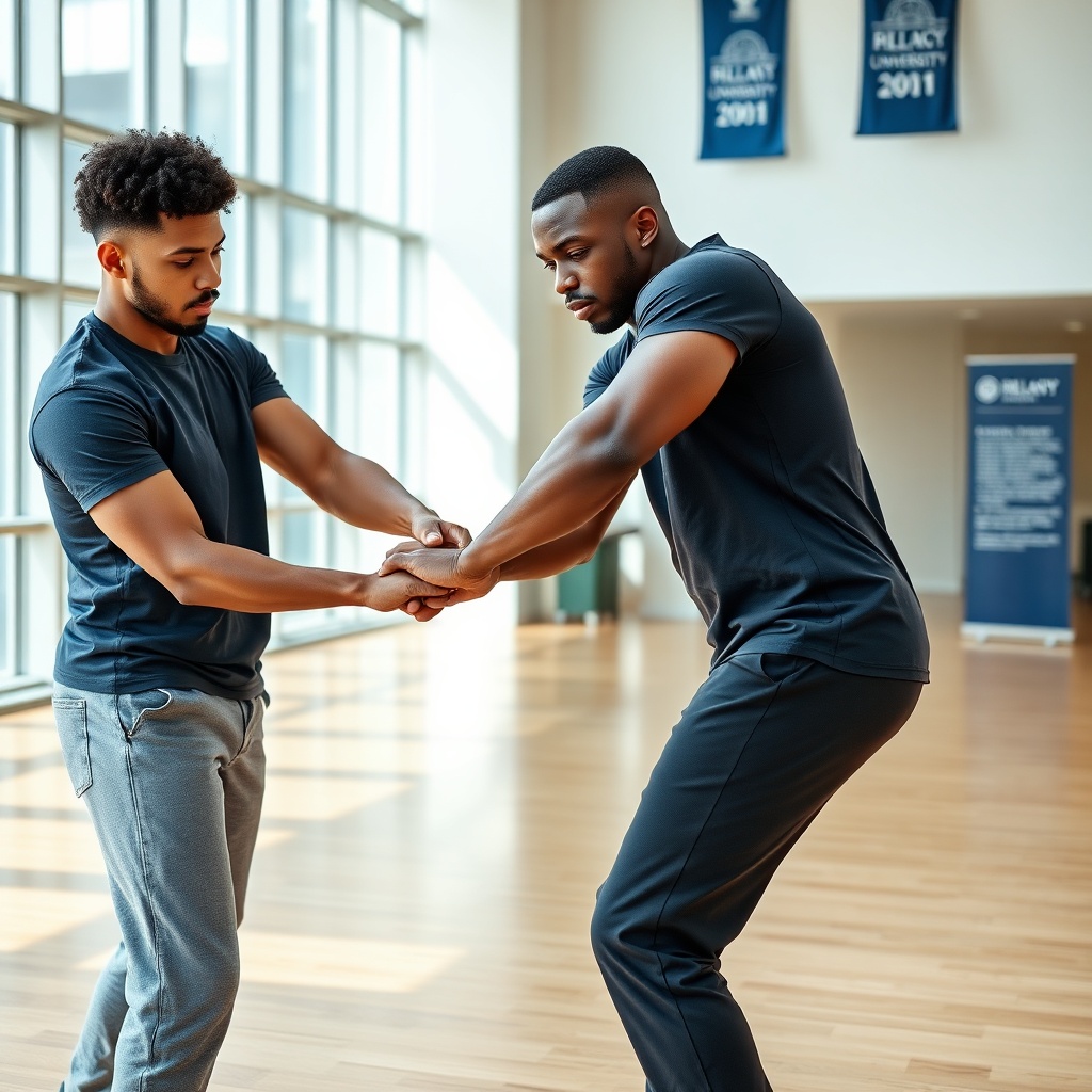 Two college students demonstrating a wrist grab escape technique during a self-defense for college students training session, emphasizing proper leverage and body positioning in a sunlit campus recreation facility.