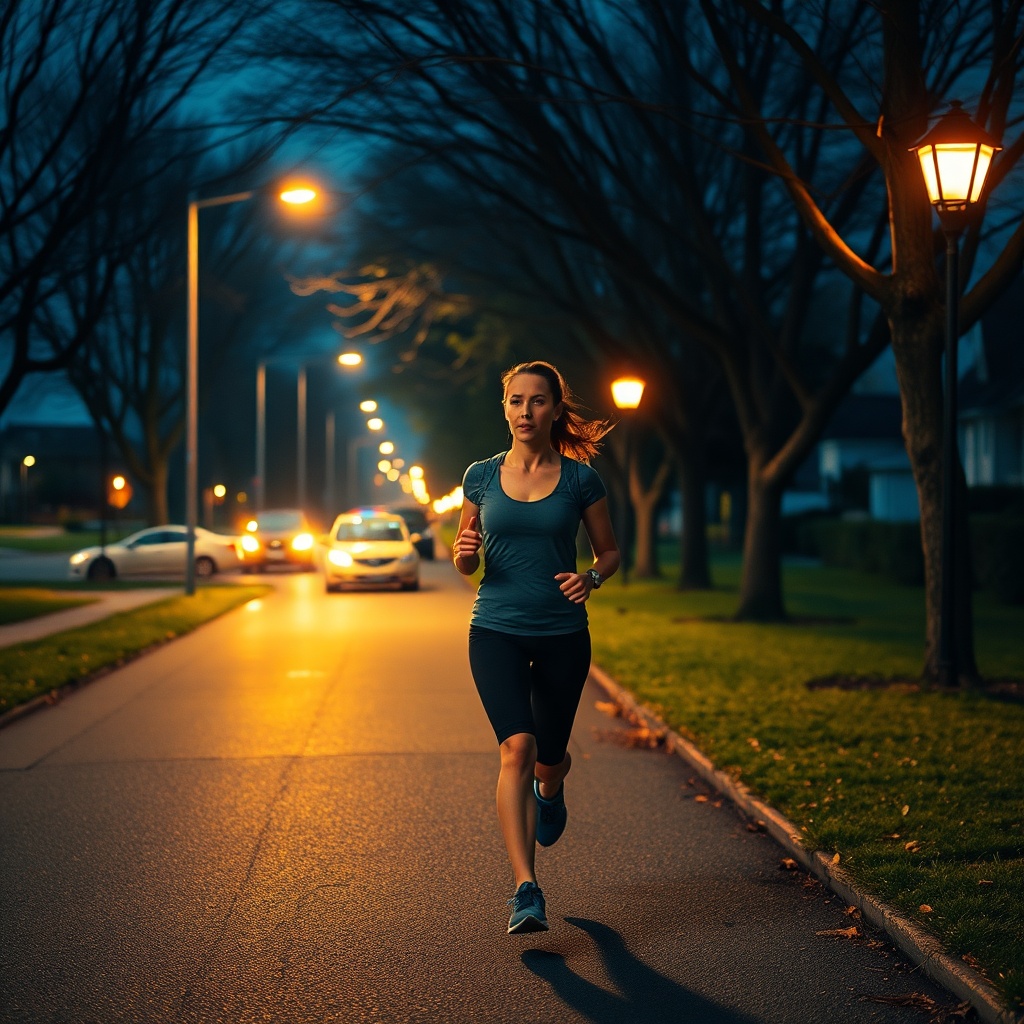 An alert jogger demonstrating safe running at night by staying aware of surroundings, avoiding headphones, and utilizing well-lit routes to navigate securely after dark.