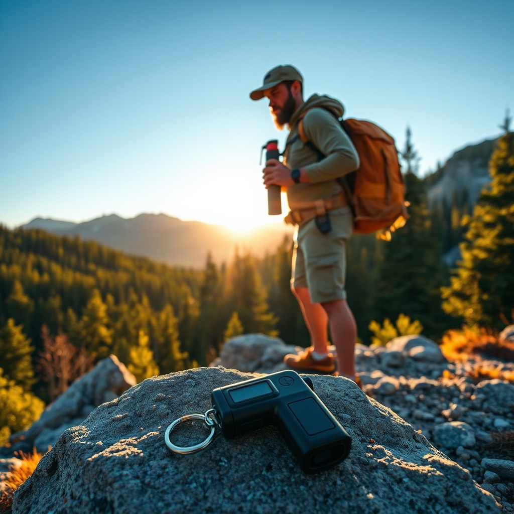 A prepared traveler selecting appropriate safety equipment on a mountain trail, illustrating practical guidance for the bear spray vs pepper spray debate to ensure proper wildlife protection and personal defense readiness.