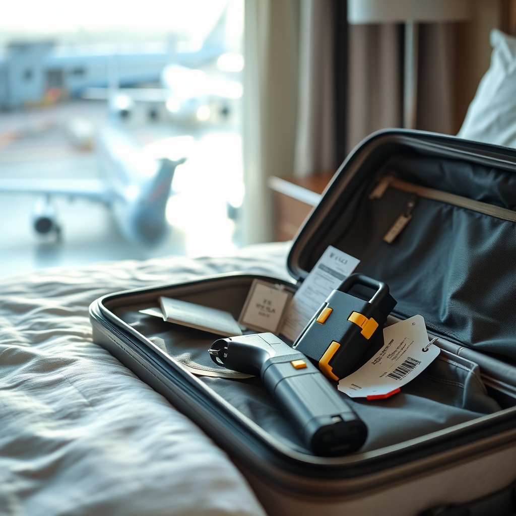 Stun gun travel rules for 2026, showing a stun gun packed in checked luggage with a boarding pass and TSA lock, highlighting airport security requirements.