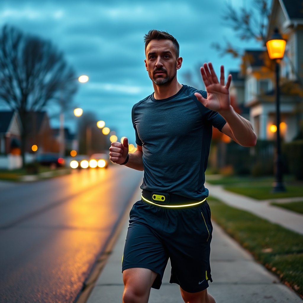 A runner in a ready stance practicing simple defensive techniques with easily accessible gear, illustrating the best self defense for runners through practical motion and preparedness.