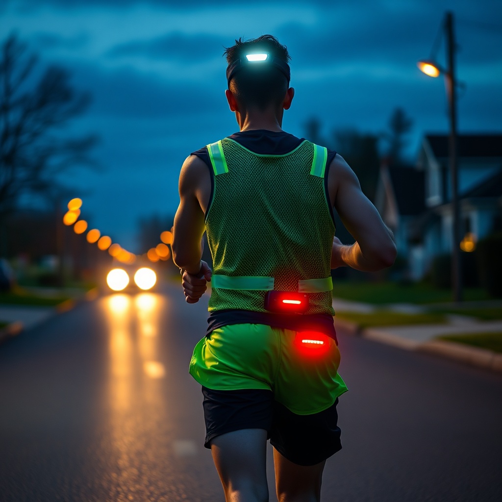 A runner practicing safe running at night equipped with a bright forward-facing headlamp, reflective apparel, and a rear blinking light to maximize visibility and prevent collisions.