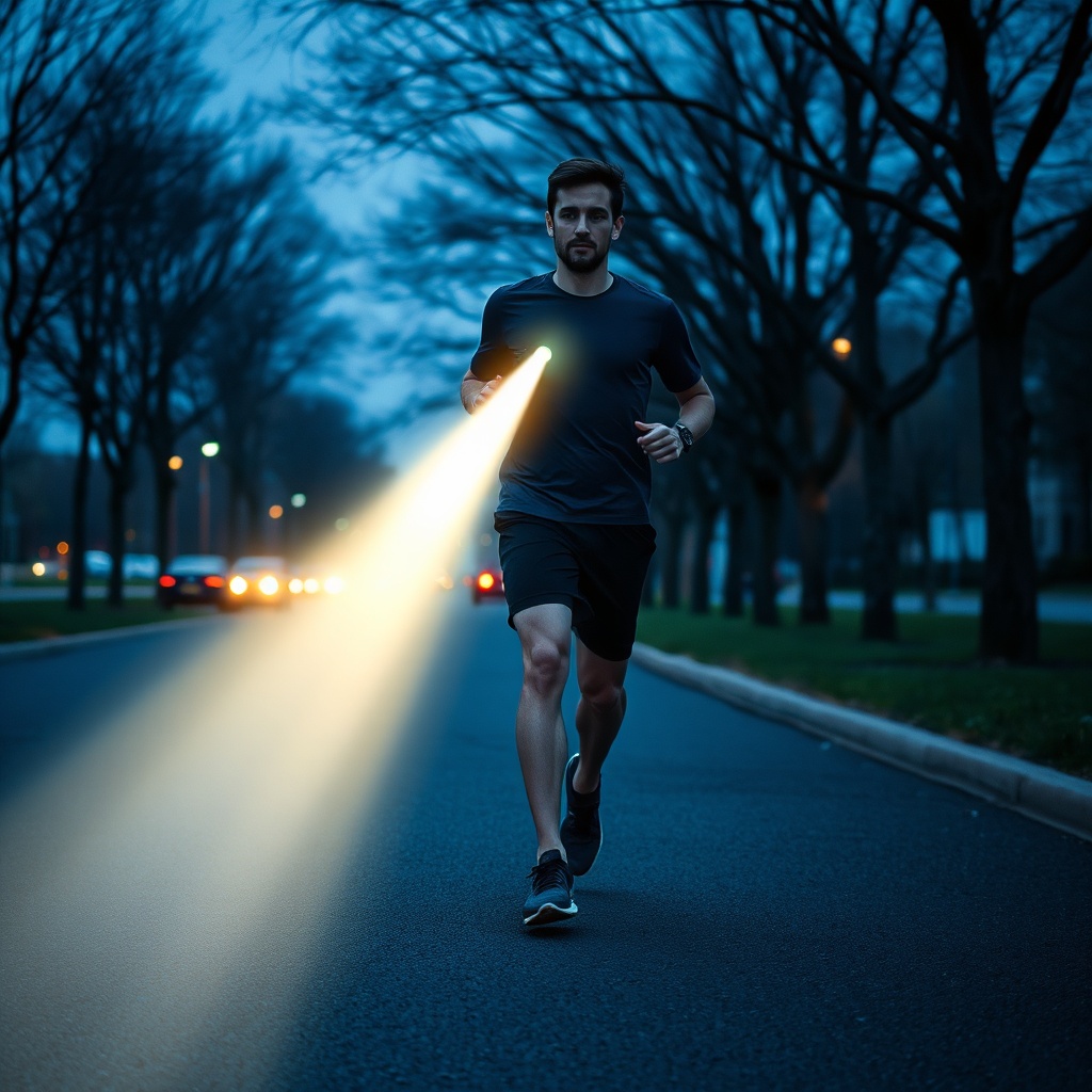 A focused jogger utilizes a high-lumen tactical flashlight and wrist-mounted alarm as essential self defense tools for runners navigating twilight pathways, demonstrating how quick-access protective gear prioritizes visibility and rapid escape over confrontation.