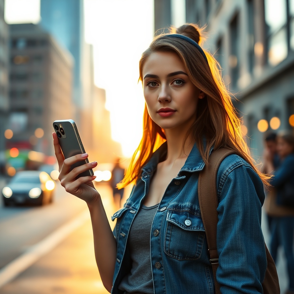 Woman holding a concealed stun gun disguised as a smartphone on a city street, demonstrating discreet self-defense options for personal safety