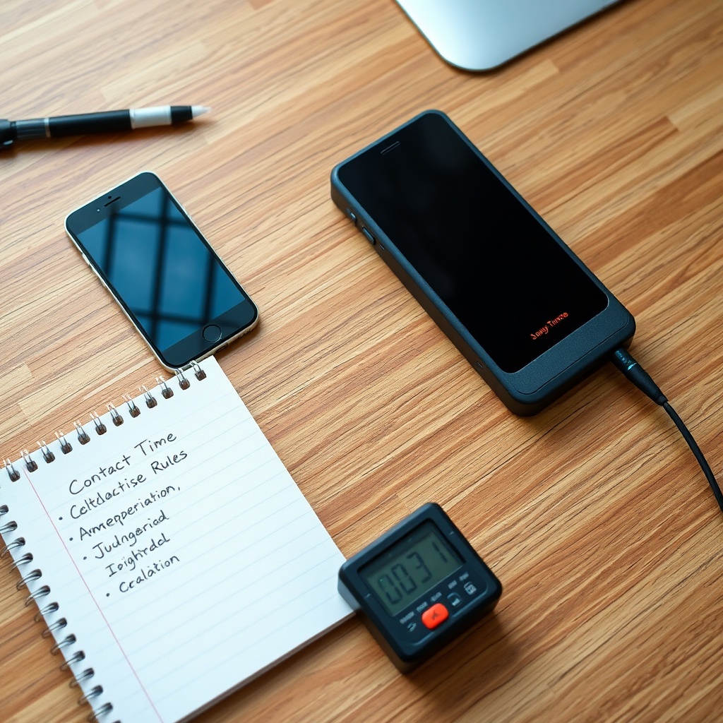 Top-down review setup for a cell phone stun gun showing voltage testing gear, smartphone size comparison, and feature checklist on an organized desk.