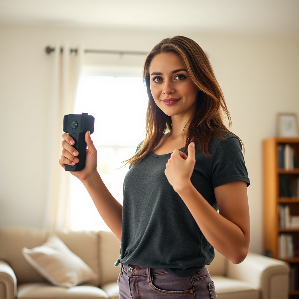Woman holding a stun gun at home, showcasing stun gun benefits as an accessible and easy-to-use less-lethal self-defense tool for personal safety.