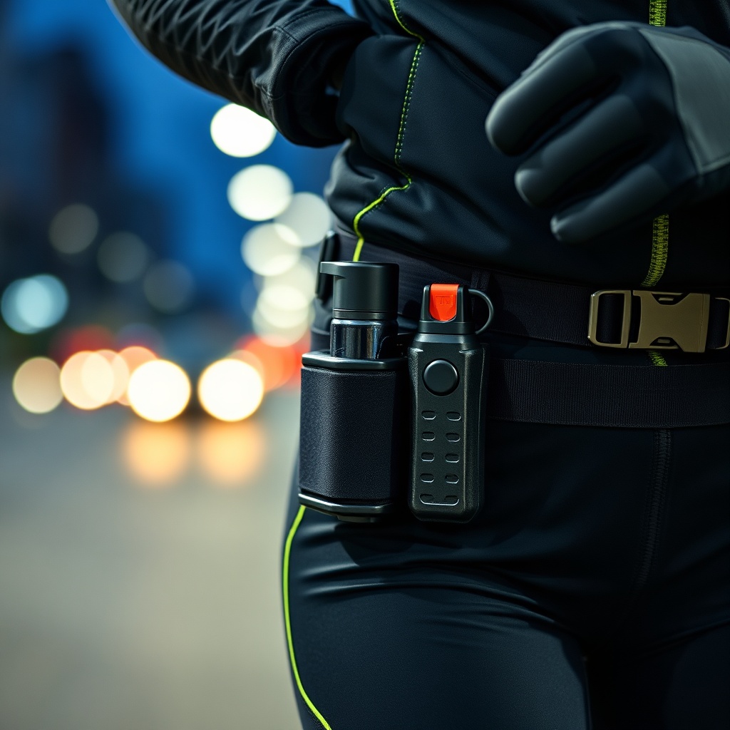 Close-up of accessible self defense for runners at night equipment, featuring a waist-mounted holster for quick retrieval of safety tools like pepper spray, illustrating proper gear placement for effective risk mitigation and empowerment.