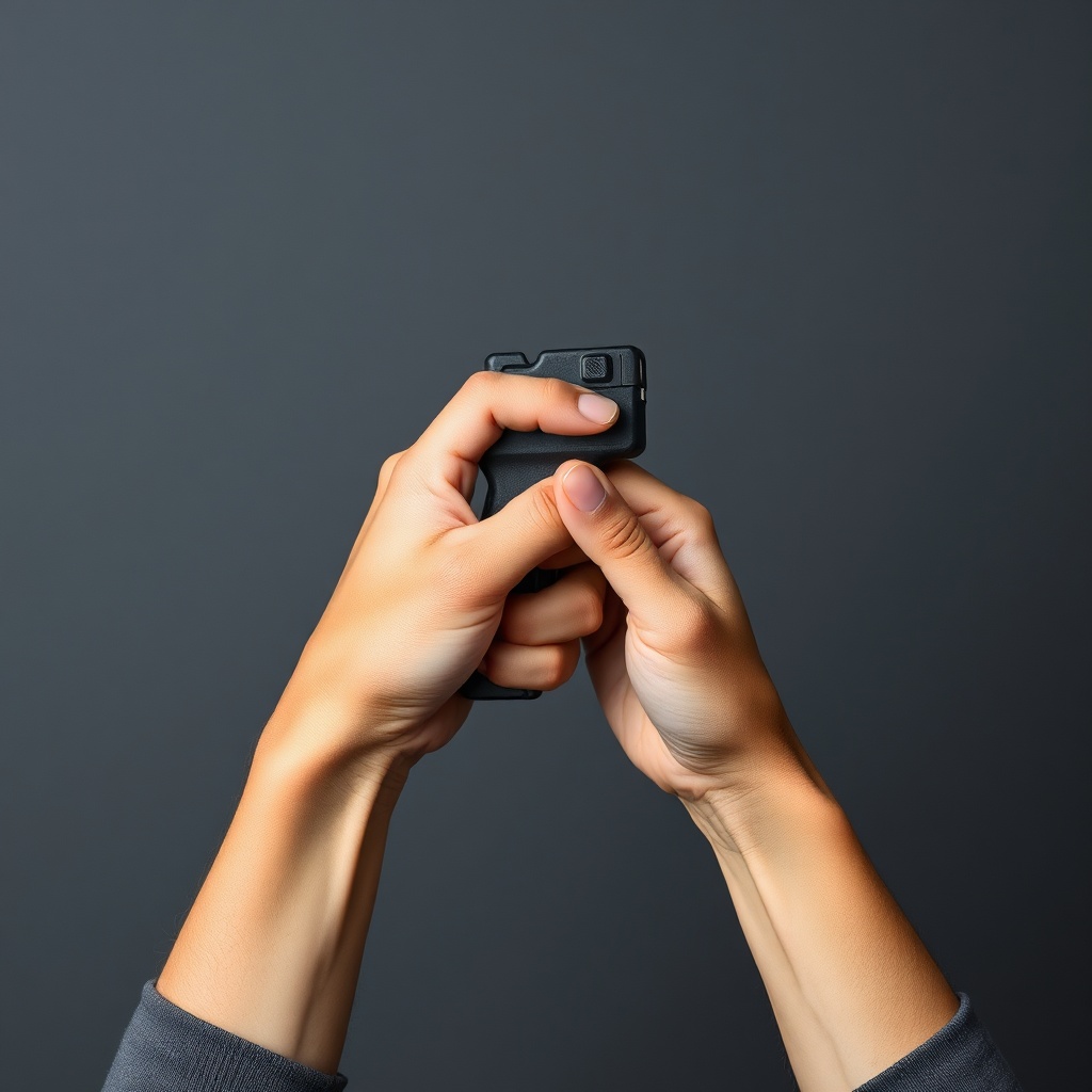 Close-up demonstration of how to use a stun gun safely, showcasing proper grip technique and safety switch engagement for responsible self-defense preparation.