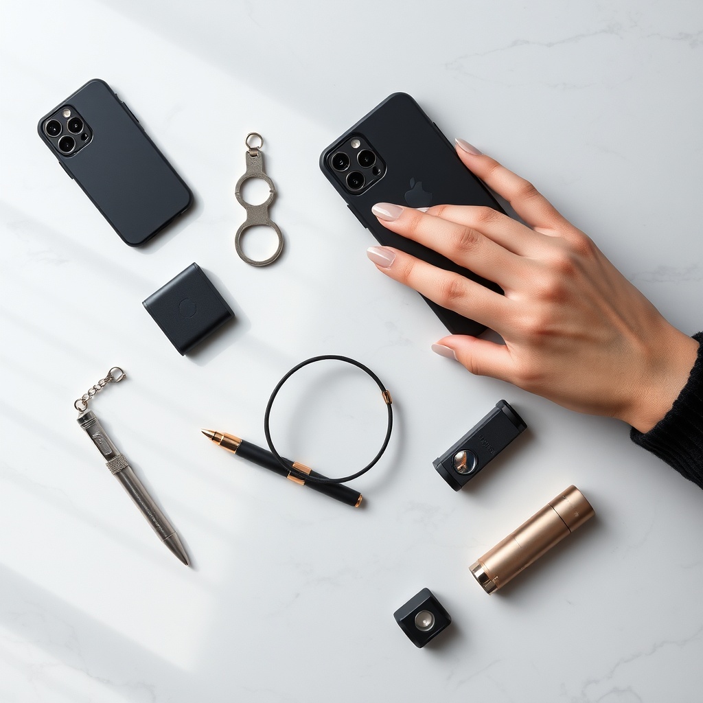 Flat lay of discreet stun gun options including phone case, keychain, pen, jewelry, and flashlight models, with a hand selecting the phone case style for concealed personal protection