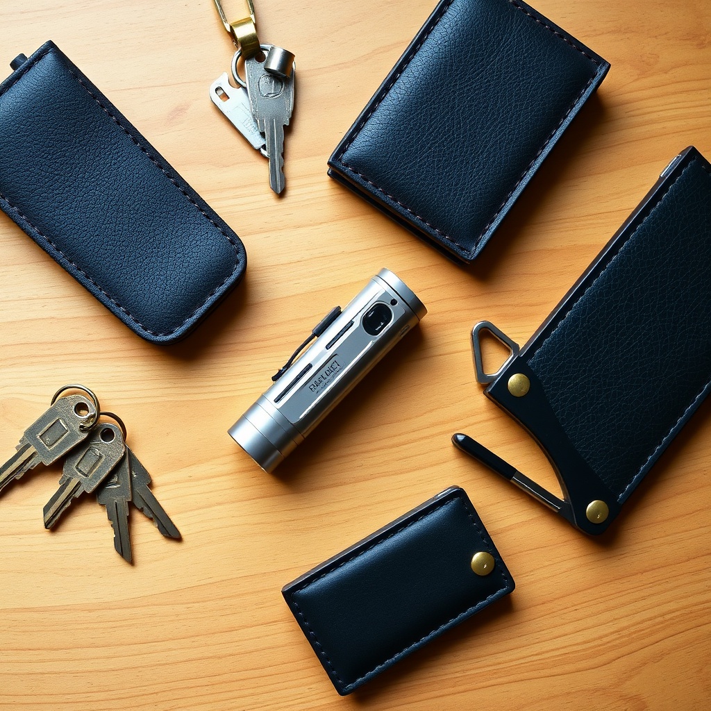 Flashlight stun gun combo in everyday carry flat lay with keys and wallet, illustrating compact dual-functionality for convenient personal safety and light.
