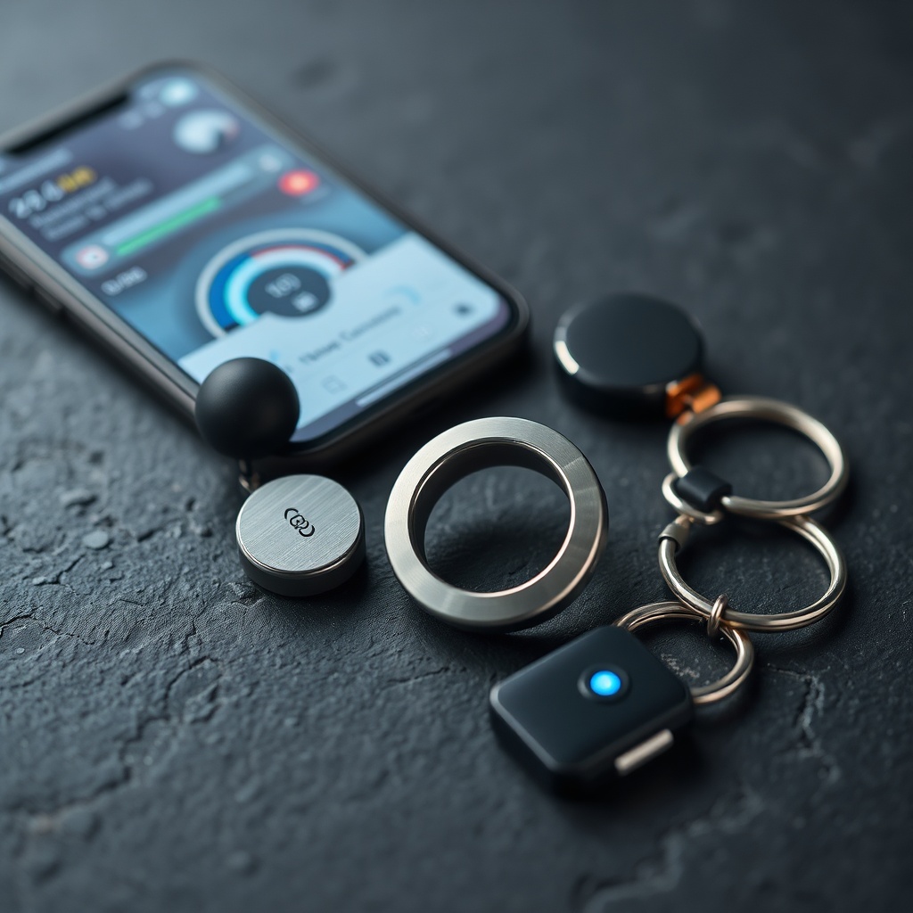 Close-up arrangement of discreet smart jewelry and compact trackers showcasing advanced personal safety devices with integrated sensors and proactive protection technology.
