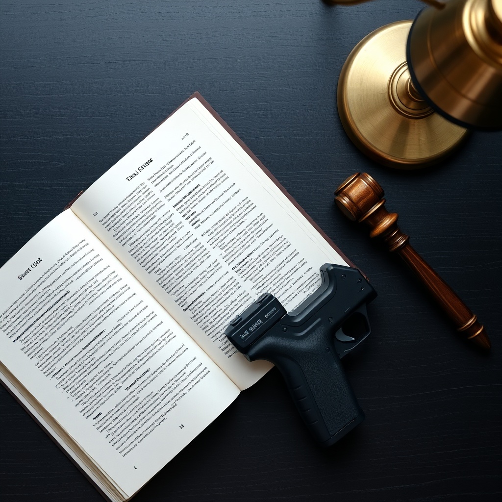 Stun gun laws 2026 explained with a stun gun, legal documents, and a US map on a desk, illustrating state regulations and ownership requirements.