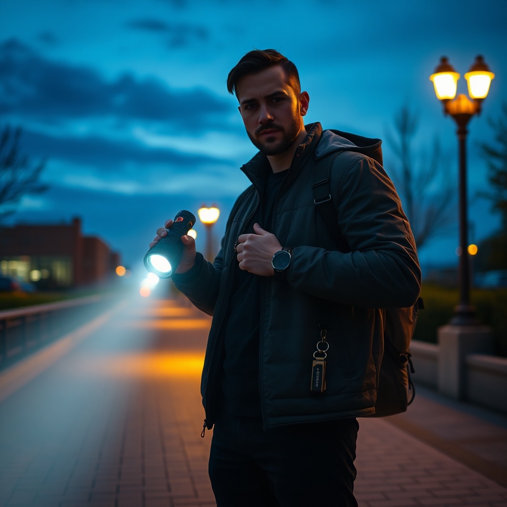 Civilian using a tactical flashlight for situational awareness in an urban evening setting, demonstrating practical application of personal safety gear and vigilance tools.