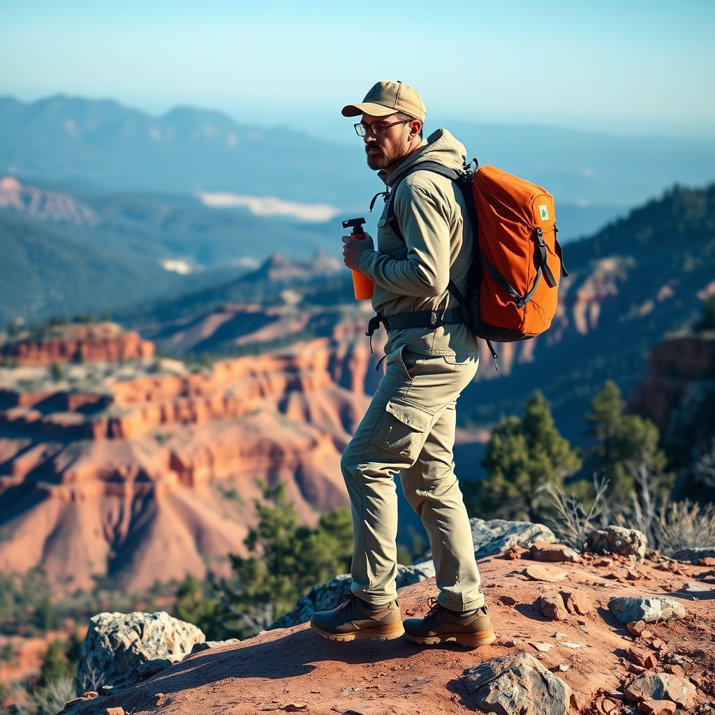 Day hiker demonstrating correct aiming stance and safe handling of hiking pepper spray against a scenic mountain backdrop, illustrating proper deployment technique for backcountry personal safety and trail preparedness.