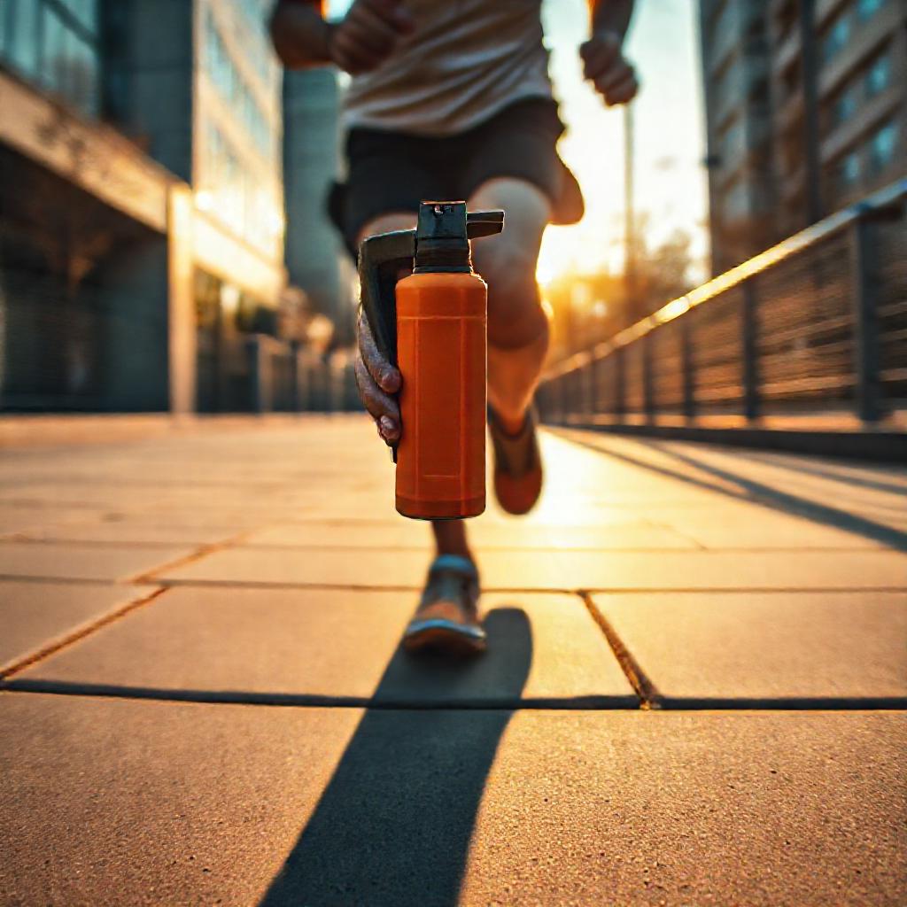 Wind-resistant pepper spray for runners shown in motion, highlighting its compact size, targeted stream pattern, and secure retention system for safe athletic training.