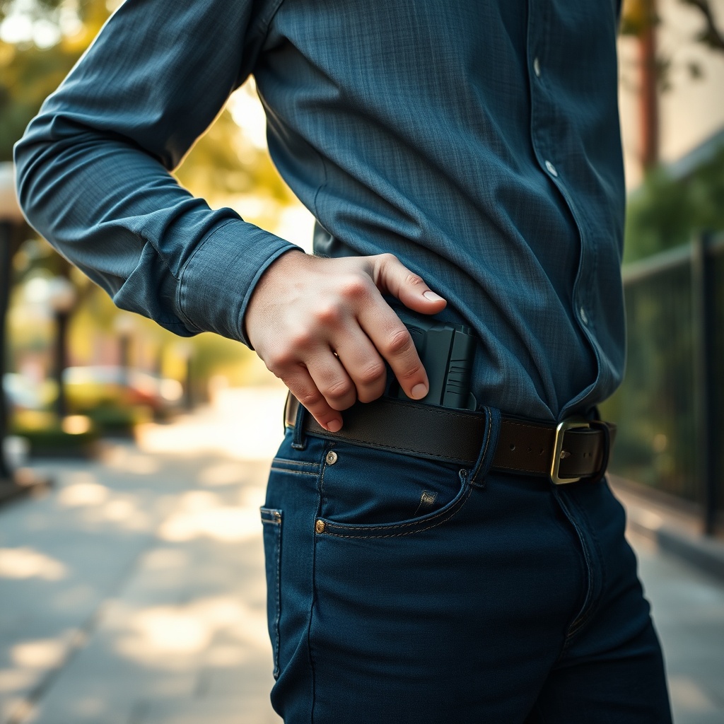 A responsible carrier demonstrates safe draw technique using discreet carry items, showing how concealed holsters balance comfort, retention, and rapid accessibility under everyday clothing