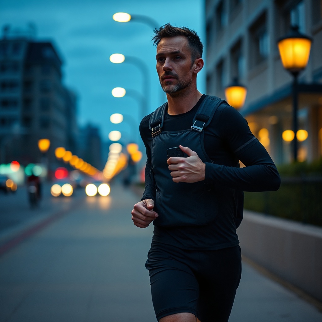 A vigilant jogger wearing a running vest with a concealed side pocket for a taser for runners, showcasing unobtrusive self-defense integration.