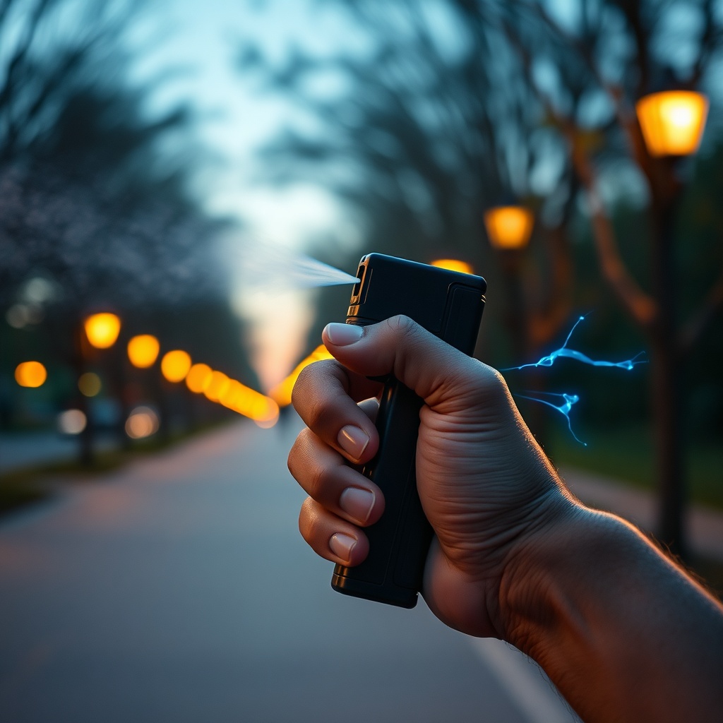 Hands securely holding a pepper spray taser combo during evening practice, illustrating how this dual-function self-defense device delivers both ranged chemical irritation and close-range electrical backup.