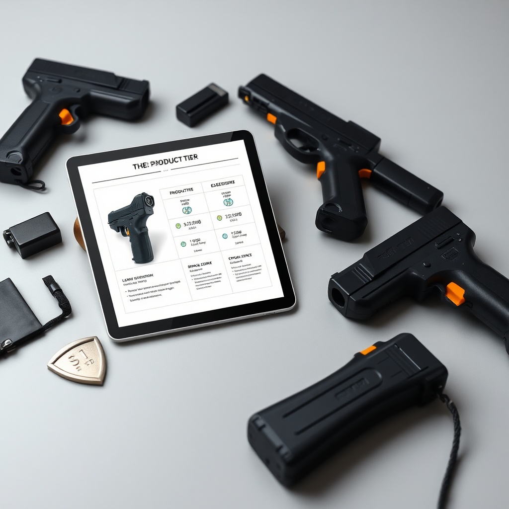 Comprehensive stun gun wholesale product catalog display featuring multiple models, accessories, and compliance verification for B2B distributors.