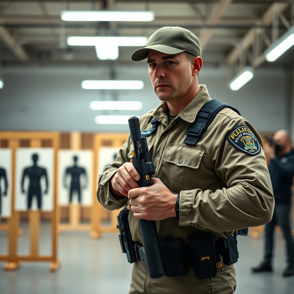 A trained security professional demonstrating proper handling of a baton and taser combination during a controlled less-lethal training exercise