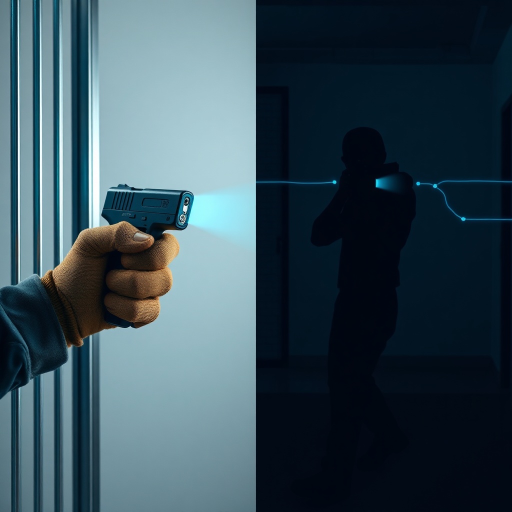 Educational split-frame visual explaining how stun guns vs tasers differ in deployment, contrasting close-range contact shock delivery with long-distance wire-guided projectile range for informed self-defense planning.