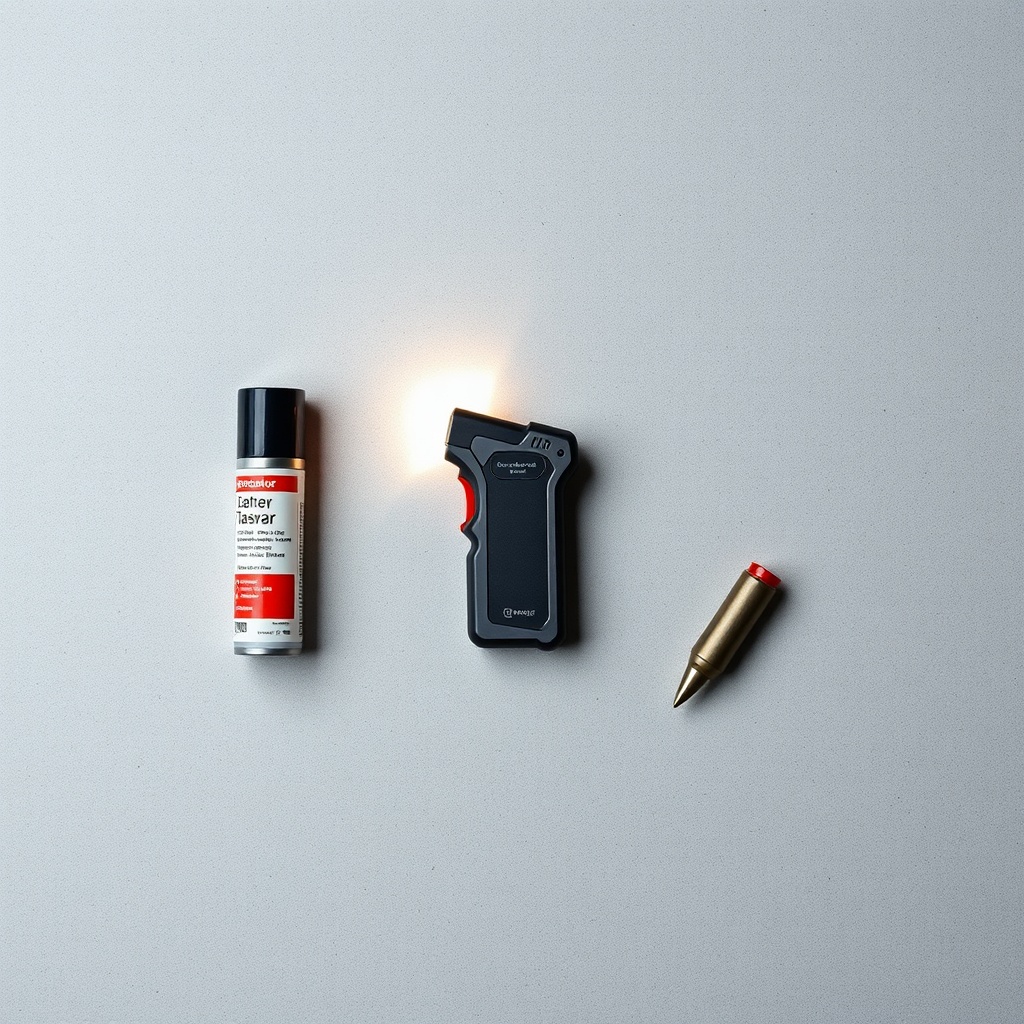 Visual comparison of a cheetah taser stun gun alongside pepper spray and projectile taser cartridges, highlighting the operational differences between direct-contact and ranged personal protection methods.