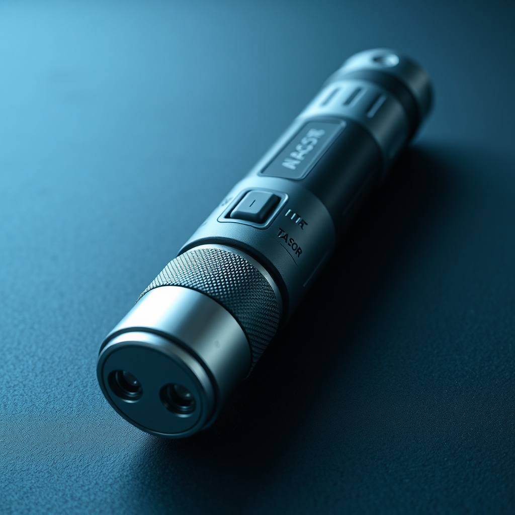Close-up view of a baton and taser combination device displaying its ergonomic grip and integrated electrical discharge ports, designed for rapid less-lethal response without switching weapons.