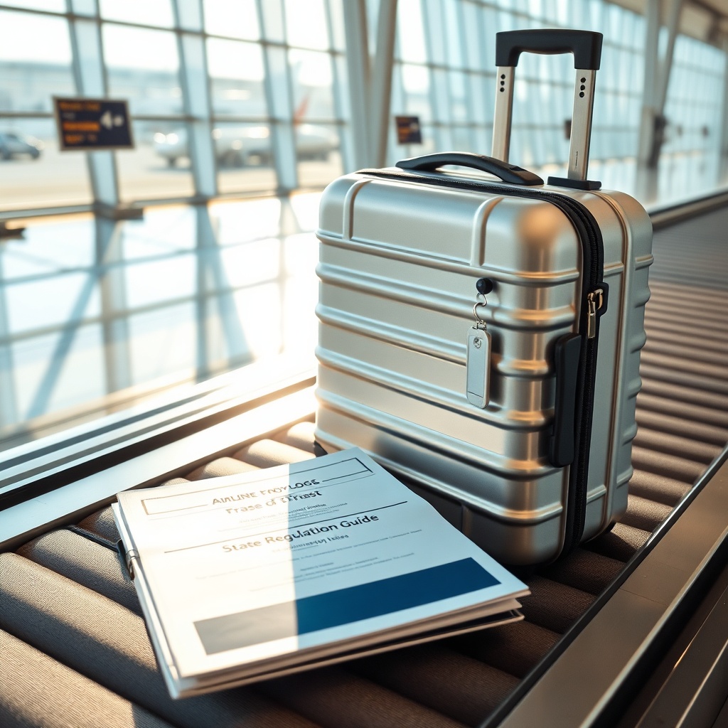Sealed checked suitcase beside airline policy documents, illustrating compliance steps for travelers determining if they can pack a stun gun in their checked luggage.