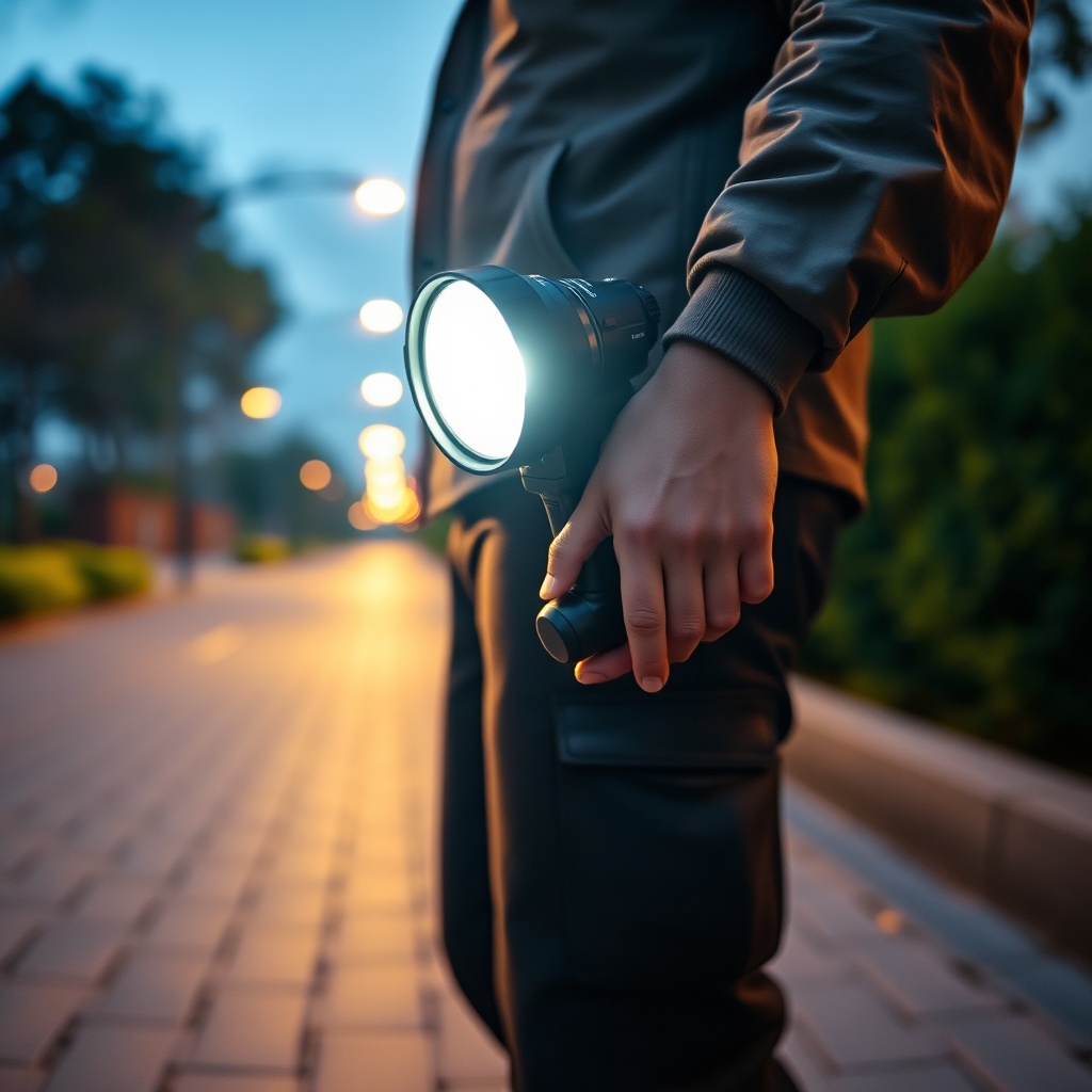 Individual carrying a cheetah stun gun flashlight that combines a bright tactical light with discreet electric protection for safe nighttime navigation.